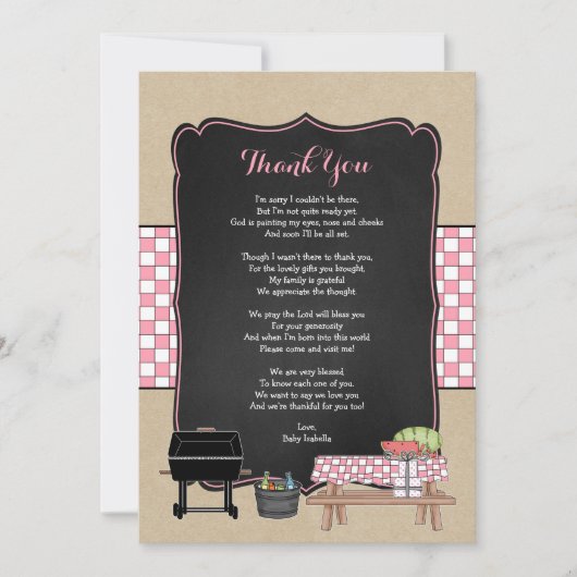 Meisje Baby Q dank u notitie gedicht / BBQ baby sh Kaart (Voorkant)