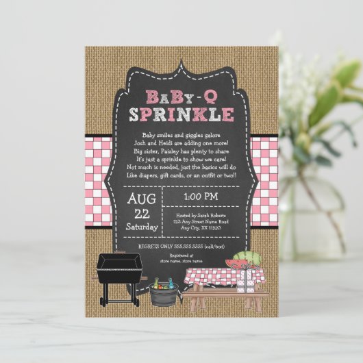Meisje Baby Q Sprinkle, BBQ baby shower Kaart (Staand voorkant)