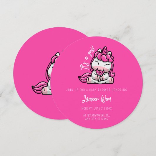 Meisje Baby Roze Eenhoorn Gender Reveal Party Kaart (Voorkant / Achterkant)