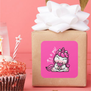 Meisje Baby Roze Eenhoorn Gender Reveal Party Vierkante Sticker