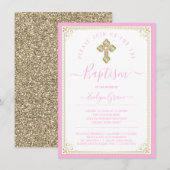 Meisje Baby Roze Licht Goud Elegante Doop Kaart (Voorkant / Achterkant)