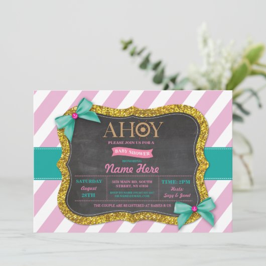 Meisje Baby shower Ahoy Bows Schattige Stripe Roze Kaart (Staand voorkant)