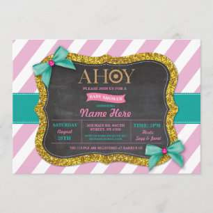 Meisje Baby shower Ahoy Bows Schattige Stripe Roze Kaart