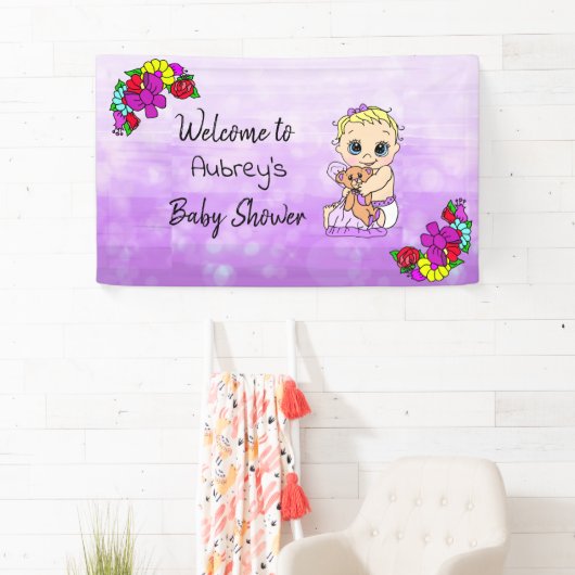 Meisje Baby shower Banner, Baby Meisje Paarse Bloe Spandoek (Insitu)