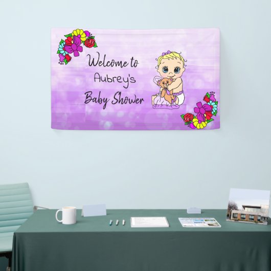 Meisje Baby shower Banner, Baby Meisje Paarse Bloe Spandoek (Beurs)