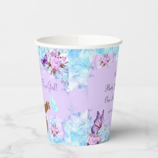 Meisje Baby shower Blauwgroen Paarse vlinder Etnis Papieren Bekers (Links)
