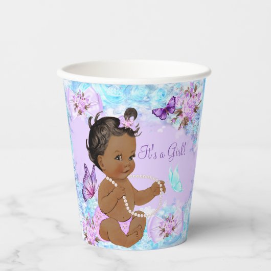 Meisje Baby shower Blauwgroen Paarse vlinder Etnis Papieren Bekers (Voorkant)