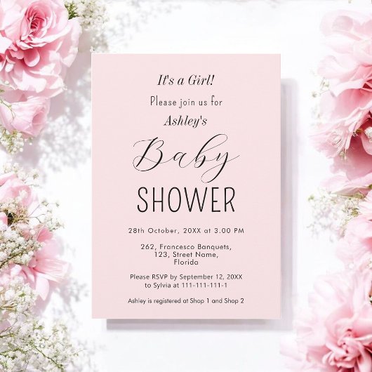 Meisje Baby shower Blush Roze Elegant Invitation Kaart