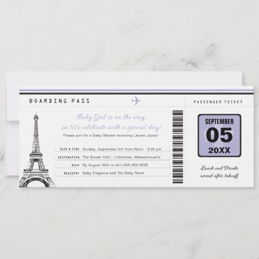 Meisje Baby shower Boarding Pass naar Parijs Kaart (Voorkant)