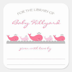 Meisje Baby shower Bookplaten / roze grijze walvis Vierkante Sticker