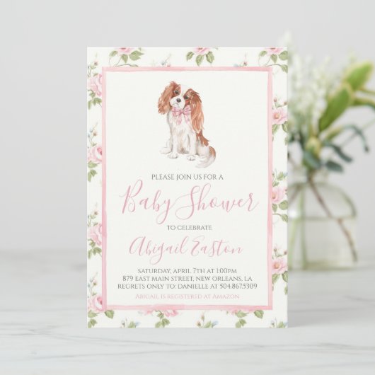 Meisje Baby shower Cavalier Puppy Dog Kaart (Staand voorkant)