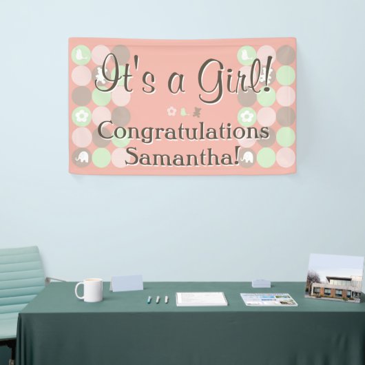 Meisje Baby shower Custom Gedrukt Roze Bruin Stipp Spandoek (Beurs)