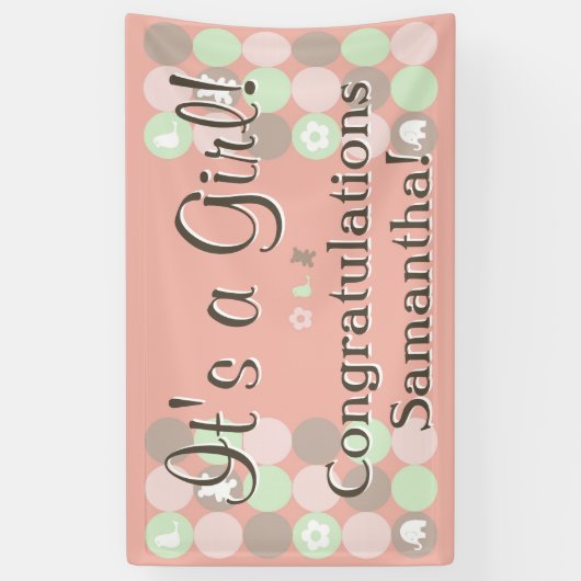 Meisje Baby shower Custom Gedrukt Roze Bruin Stipp Spandoek (Verticaal)