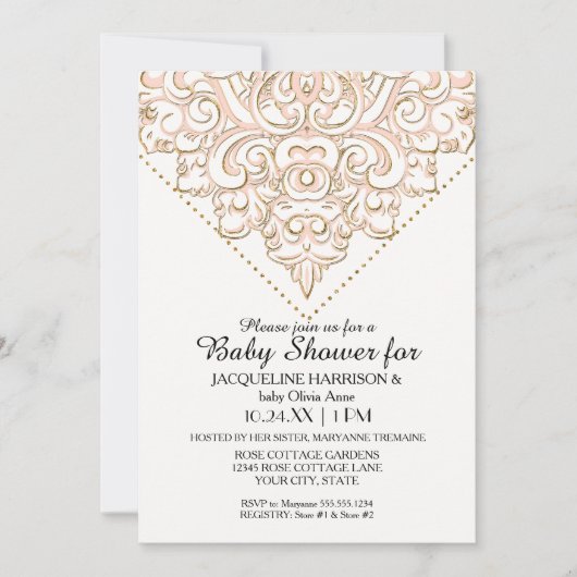 Meisje Baby shower Damask Pattern Roos Gold Dot La Kaart (Voorkant)
