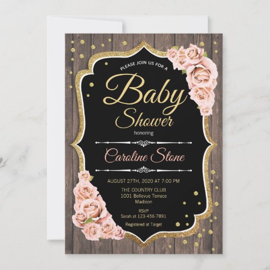 Meisje Baby shower - Hout Blush Roses Kaart (Voorkant)