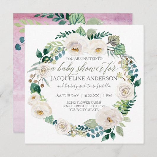 Meisje Baby shower Lavendel en Witte Rozen Krans Kaart (Voorkant / Achterkant)