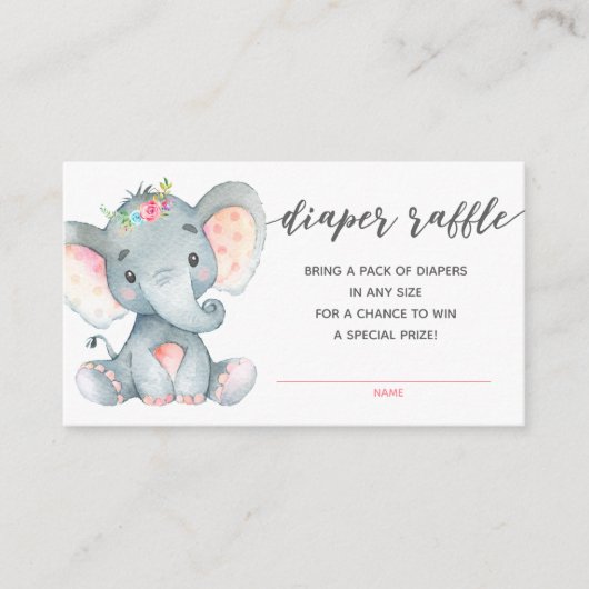 Meisje Baby shower Luier Raffle Ticket (Olifant) Informatiekaartje (Voorkant)