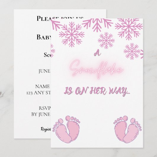 Meisje Baby shower met roze sneeuwvlokken en poten Kaart (Voorkant / Achterkant)