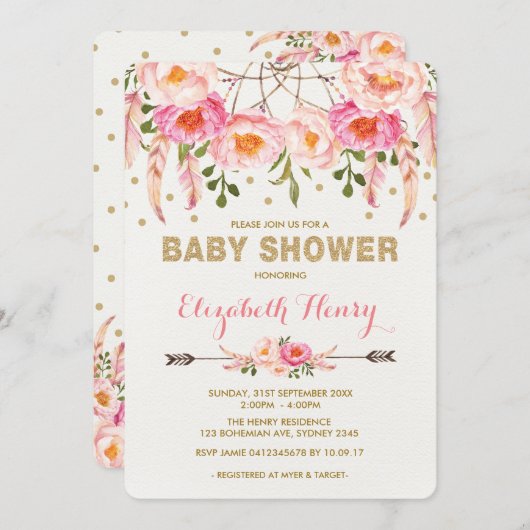 Meisje Baby shower Nodig Roze Gouden Boho Bloemen  Kaart (Voorkant / Achterkant)