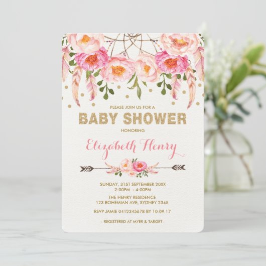 Meisje Baby shower Nodig Roze Gouden Boho Bloemen  Kaart (Staand voorkant)