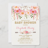 Meisje Baby shower Nodig Roze Gouden Boho Bloemen  Kaart (Voorkant)