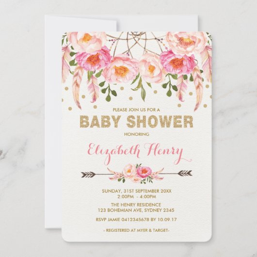 Meisje Baby shower Nodig Roze Gouden Boho Bloemen  Kaart (Voorkant)