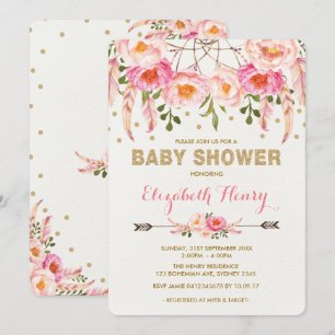 Meisje Baby shower Nodig Roze Gouden Boho Bloemen  Kaart