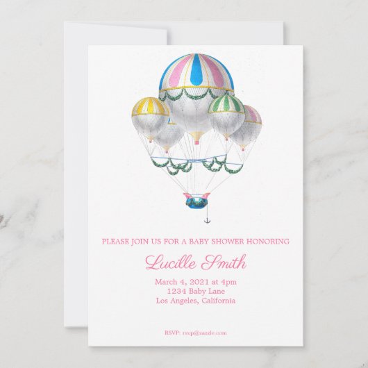Meisje Baby Shower Oude Luchtballon Uitnodiging (Voorkant)