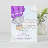 Meisje Baby shower per post Elephant Paars Kaart (Staand voorkant)