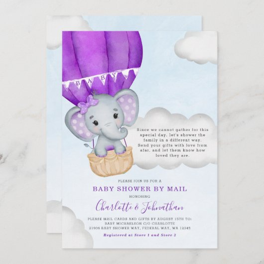Meisje Baby shower per post Elephant Paars Kaart (Voorkant / Achterkant)
