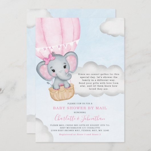 Meisje Baby shower per postroze olifant Kaart (Voorkant / Achterkant)