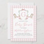 Meisje Baby shower Pink Gingham Stork Monogram Kaart (Voorkant)