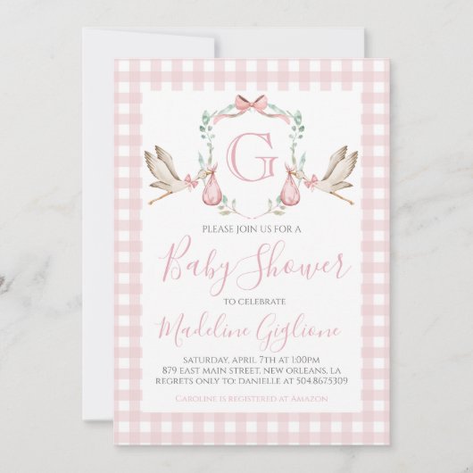 Meisje Baby shower Pink Gingham Stork Monogram Kaart (Voorkant)