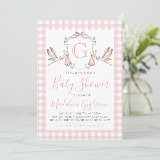 Meisje Baby shower Pink Gingham Stork Monogram Kaart (Staand voorkant)
