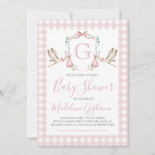 Meisje Baby shower Pink Gingham Stork Monogram Kaart