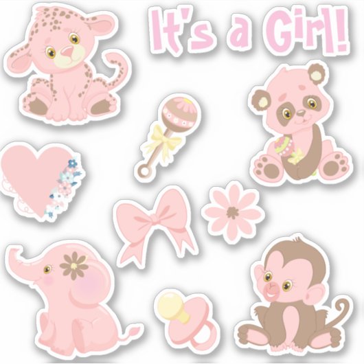 Meisje Baby shower Roze Dieren Set Sticker (Voorkant)