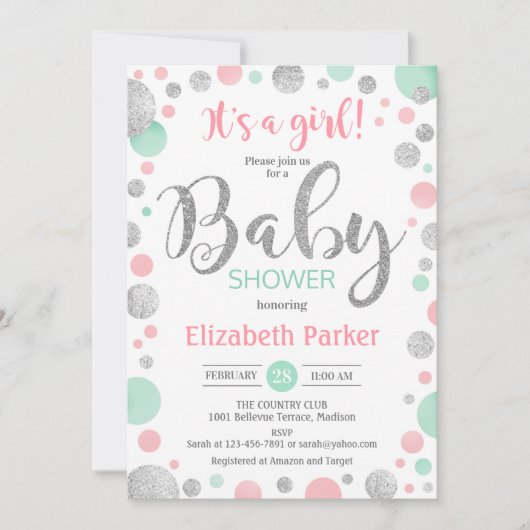 Meisje Baby shower - Roze Mint Zilveren Stippen Kaart (Voorkant)