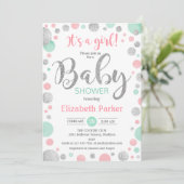 Meisje Baby shower - Roze Mint Zilveren Stippen Kaart (Staand voorkant)