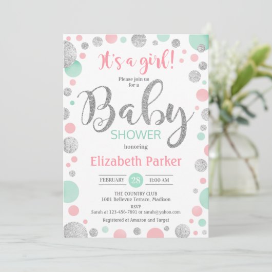 Meisje Baby shower - Roze Mint Zilveren Stippen Kaart (Staand voorkant)