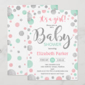 Meisje Baby shower - Roze Mint Zilveren Stippen Kaart (Voorkant / Achterkant)