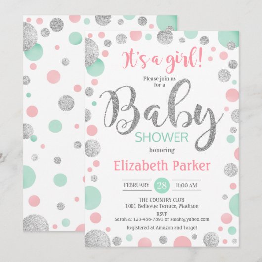 Meisje Baby shower - Roze Mint Zilveren Stippen Kaart (Voorkant / Achterkant)