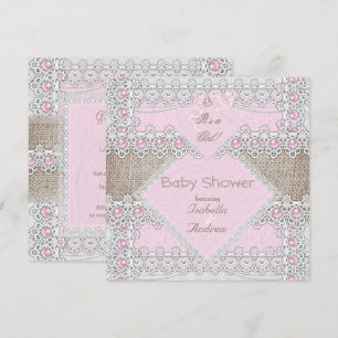 Meisje Baby Shower Roze Parel Boog Kant Jute 3 Kaart