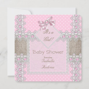 Meisje Baby Shower Roze Parel Boog Kant Stippen Kaart