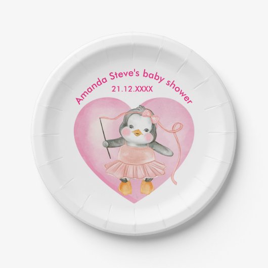 Meisje Baby shower Roze Pinguïn Dier Papier Bord (Voorkant)