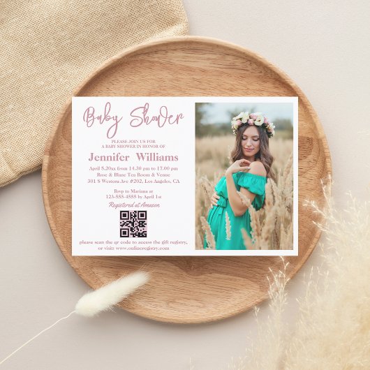 Meisje baby shower Roze Script Foto QR Code Eenvou Kaart