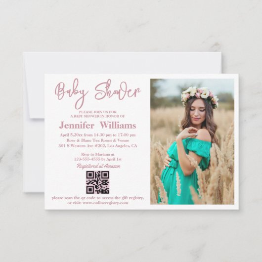 Meisje baby shower Roze Script Foto QR Code Eenvou Kaart (Voorkant)