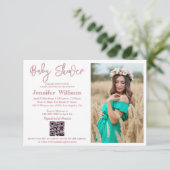 Meisje baby shower Roze Script Foto QR Code Eenvou Kaart (Staand voorkant)