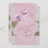 Meisje Baby Shower Rustic Roze Strik Kant Jute 2 Kaart (Voorkant / Achterkant)