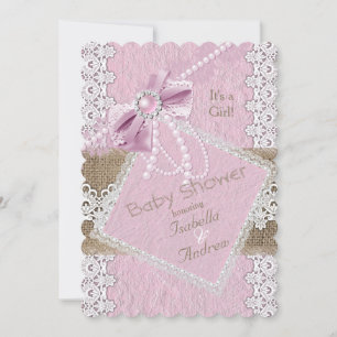 Meisje Baby Shower Rustiek Roze Strik Kant Linnen  Kaart
