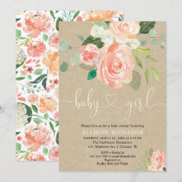 Meisje baby shower rustieke kraft perzik groen kaart